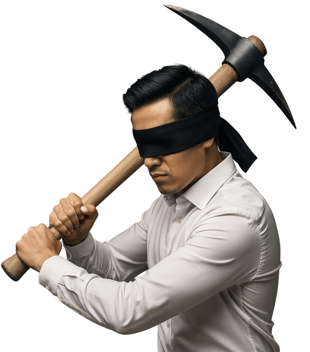 an image of a blindfolded executive swinging a mining axe who needs to setup conversion tracking