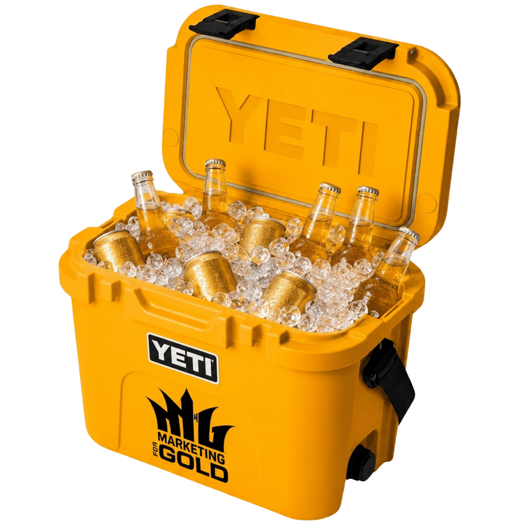 Yellow YETI cooler with Marketing for Gold logo, filled with ice, golden beer bottles, and cans.