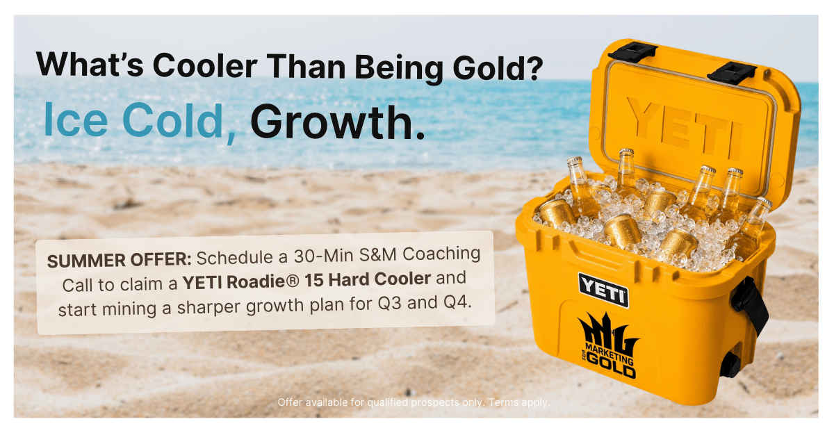 Marketing for Gold Summer cooler giveaway graphic featuring a yellow YETI Roadie cooler filled with ice and golden drinks on a beach background.