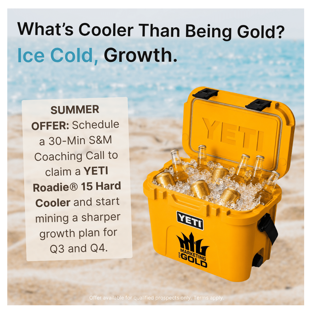 Marketing for Gold Summer cooler giveaway graphic featuring a yellow YETI Roadie cooler filled with ice and golden drinks on a beach background.